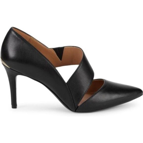 Calvin Klein Womens Pumps 7 Black Ginostra Leather Pointed-Toe Gold Accent  Heel - Picture 8 of 8